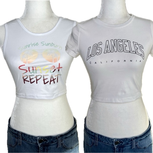 Tops - Y2K Crop Top Lot Los Angeles LA Tee Sunset Sunglasses Tank White Cropped Small S